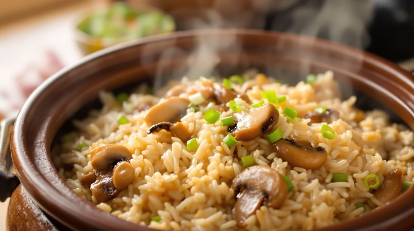 蘑菇视频烹饪选题配图：砂锅里的香菇滑鸡煲仔饭